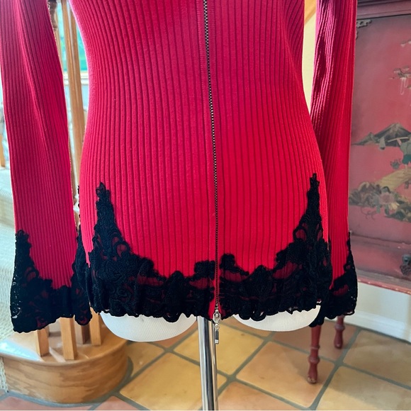 Vintage WR Red Zipper Front Lace Embellished Sweater Faux Fur Collar Sz M NWT - Picture 4 of 11